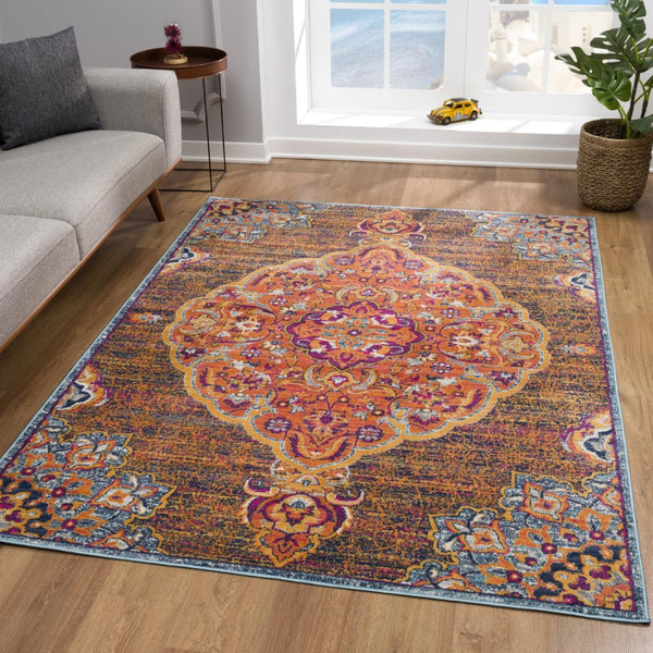 HomeRoots 7' Rustic Orange Medallion Area Rug - Elegant Traditional Design for Living Rooms & High-Traffic Areas 7’ x 10’ 393022