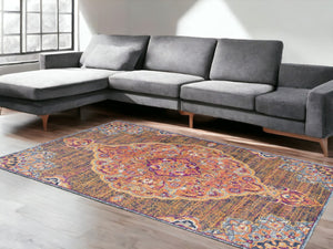 HomeRoots 7' Rustic Orange Medallion Area Rug - Elegant Traditional Design for Living Rooms & High-Traffic Areas 7’ x 10’ 393022