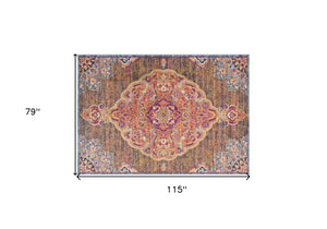 HomeRoots 7' Rustic Orange Medallion Area Rug - Elegant Traditional Design for Living Rooms & High-Traffic Areas 7’ x 10’ 393022