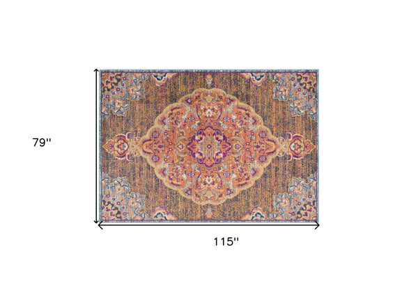 HomeRoots 7' Rustic Orange Medallion Area Rug - Elegant Traditional Design for Living Rooms & High-Traffic Areas 7’ x 10’ 393022