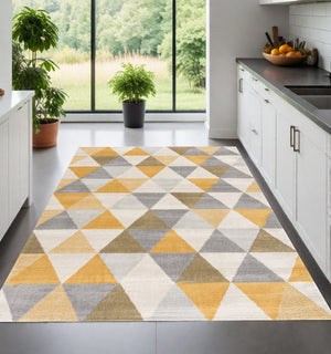 Homeroots 12' X 18' Yellow Geometric Washable Non Skid Area Rug  Polypropylene 393025