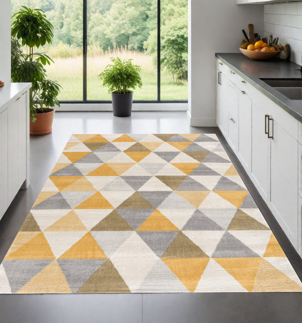 Homeroots 12' X 18' Yellow Geometric Washable Non Skid Area Rug  Polypropylene 393025