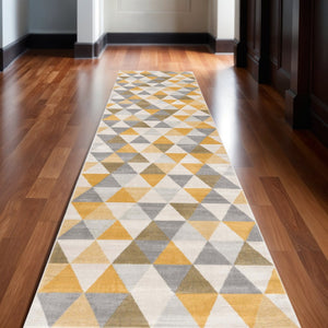 HomeRoots 20' Bright Yellow and Ivory Geometric Runner Rug - Durable, Stylish, Easy-Care for Modern Spaces 2’ x 20’ 393031
