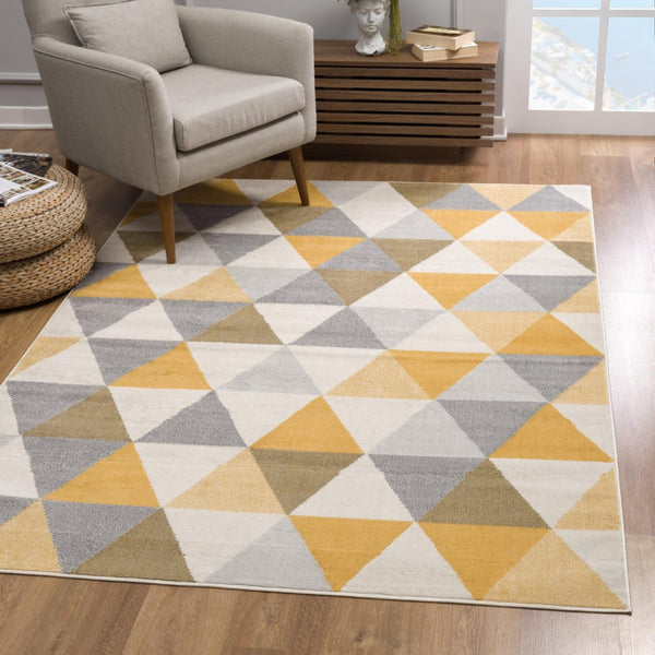HomeRoots 20' Bright Yellow and Ivory Geometric Runner Rug - Durable, Stylish, Easy-Care for Modern Spaces 7’ x 10’ 393040