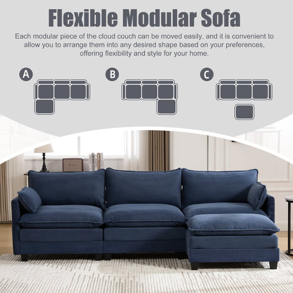 English Elm United We Win Modular Corduroy Sectional with Ottoman Low Profile Living Room Couch Navy W1568S00261