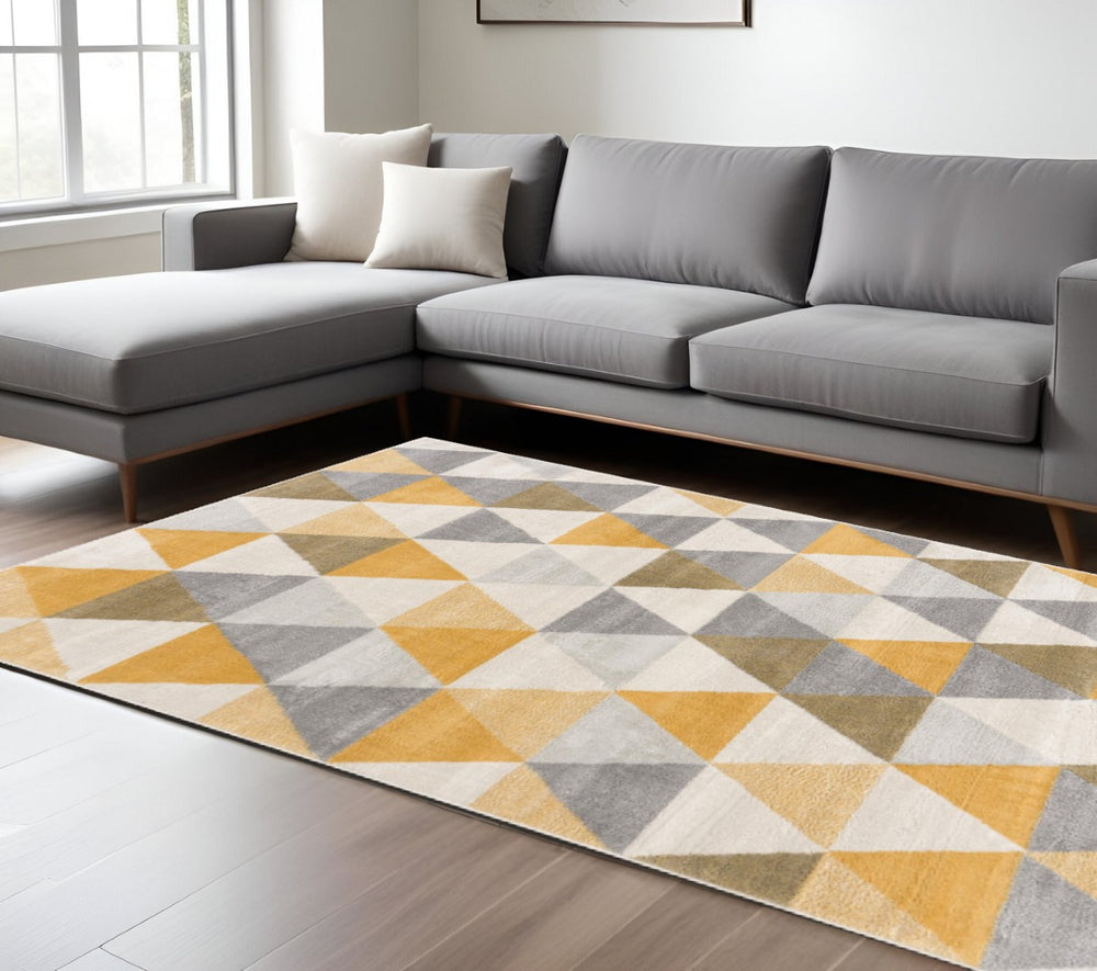HomeRoots 20' Bright Yellow and Ivory Geometric Runner Rug - Durable, Stylish, Easy-Care for Modern Spaces 9’ x 13’ 393042