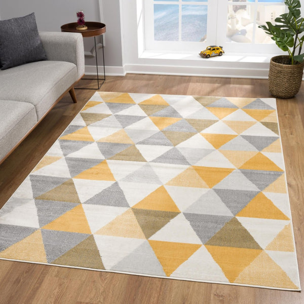 HomeRoots 20' Bright Yellow and Ivory Geometric Runner Rug - Durable, Stylish, Easy-Care for Modern Spaces 9’ x 13’ 393042