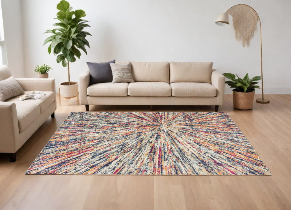 HomeRoots 7' Celestial Burst Abstract Area Rug - Vibrant Cream, Navy & Gold Design for Modern Living Spaces 8’ x 11’ 393075