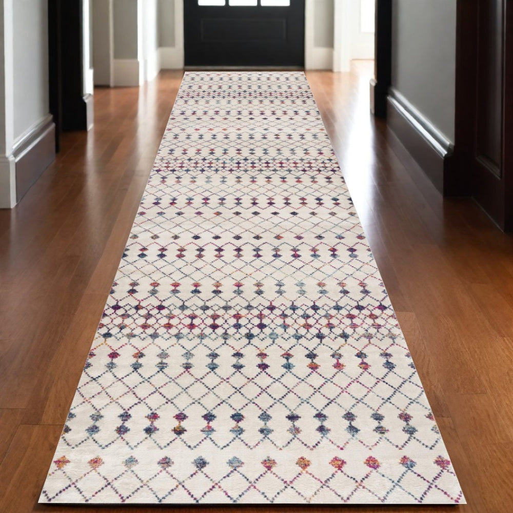 HomeRoots 20' Blue And Ivory Ikat Runner Rug for High-Traffic Areas - Durable, Stylish, Low-Maintenance Design 2’ x 20’ 393082