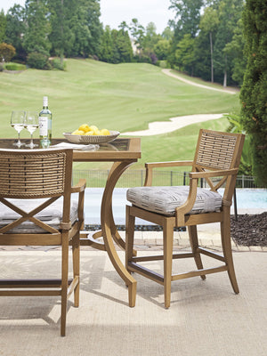 Lexington Tommy Bahama Outdoor 3930-873 Elegant Bistro Table With Sunburst Design And Tempered Glass Top For Outdoor Dining Spaces Light Brown Wood 3930-873
