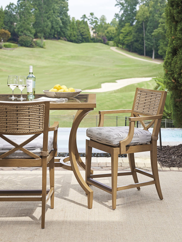 Lexington Tommy Bahama Outdoor 3930-873 Elegant Bistro Table With Sunburst Design And Tempered Glass Top For Outdoor Dining Spaces Light Brown Wood 3930-873