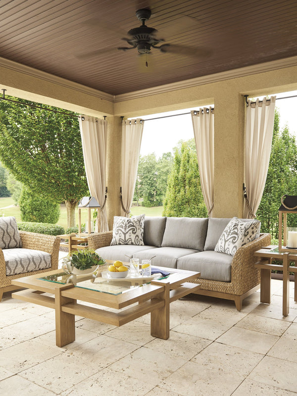 Lexington Tommy Bahama Outdoor 3930-947 Square Cocktail Table - Elegant Transitional Design With Textured Aluminum And Glass Top Light Brown Wood 3930-947