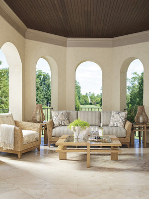 Lexington Tommy Bahama Outdoor 3930-947 Square Cocktail Table - Elegant Transitional Design With Textured Aluminum And Glass Top Light Brown Wood 3930-947