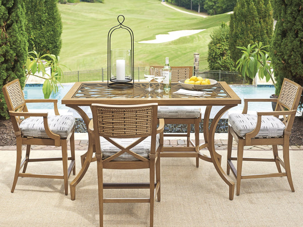 Lexington Tommy Bahama Outdoor 3930-873 Elegant Bistro Table With Sunburst Design And Tempered Glass Top For Outdoor Dining Spaces Light Brown Wood 3930-873