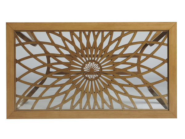 Lexington Tommy Bahama Outdoor 3930-873 Elegant Bistro Table With Sunburst Design And Tempered Glass Top For Outdoor Dining Spaces Light Brown Wood 3930-873