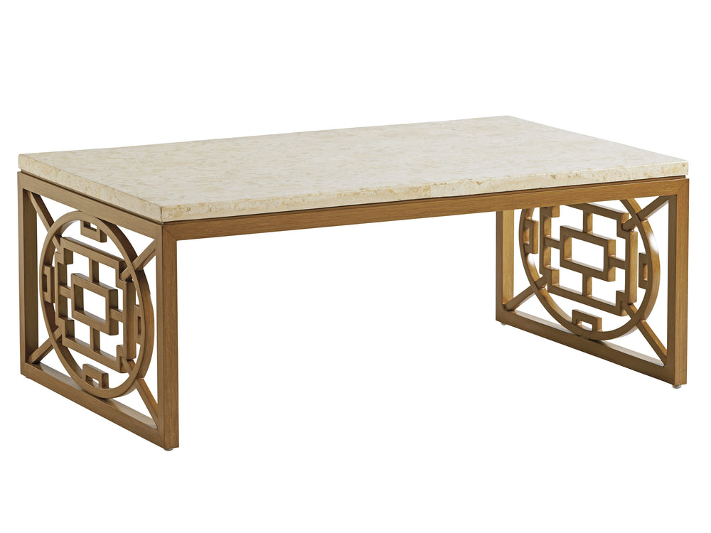 Lexington Tommy Bahama Outdoor 3930-943c Stunning Rectangular Cocktail Table With Mactan Stone Top And Southwest-inspired Design Light Brown Wood 3930-943c