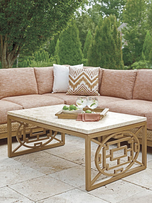 Lexington Tommy Bahama Outdoor 3930-943c Stunning Rectangular Cocktail Table With Mactan Stone Top And Southwest-inspired Design Light Brown Wood 3930-943c