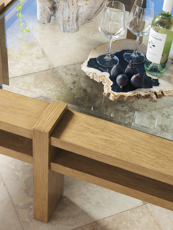 Lexington Tommy Bahama Outdoor 3930-947 Square Cocktail Table - Elegant Transitional Design With Textured Aluminum And Glass Top Light Brown Wood 3930-947