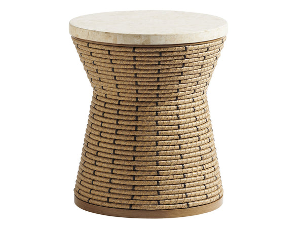 Lexington Tommy Bahama Outdoor 3930-950c Elegant Round Side Table With Natural Mactan Stone Top And All-weather Wicker Design Light Brown Wood 3930-950c