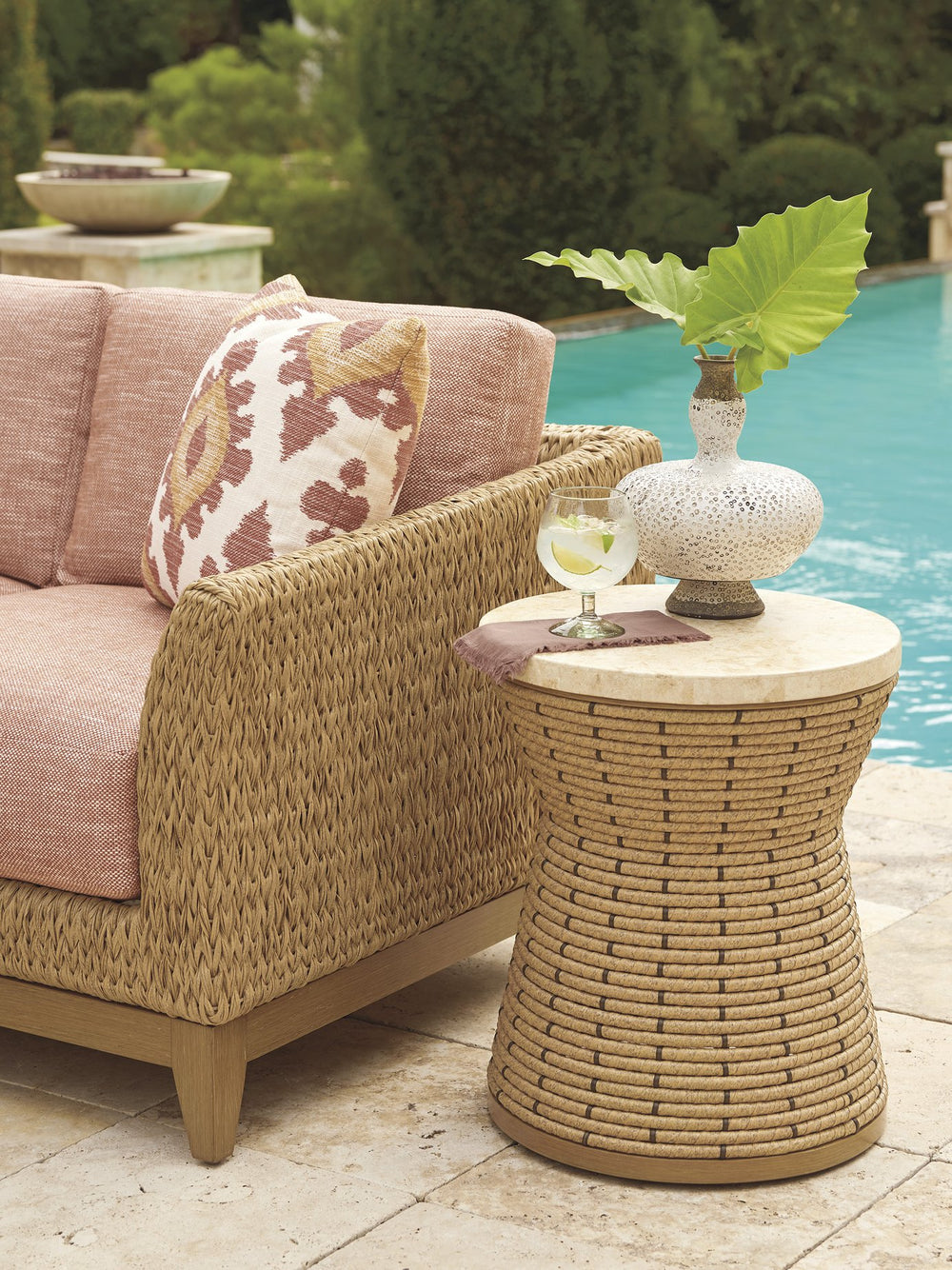 Lexington Tommy Bahama Outdoor 3930-950c Elegant Round Side Table With Natural Mactan Stone Top And All-weather Wicker Design Light Brown Wood 3930-950c