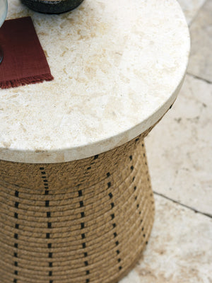 Lexington Tommy Bahama Outdoor 3930-950c Elegant Round Side Table With Natural Mactan Stone Top And All-weather Wicker Design Light Brown Wood 3930-950c