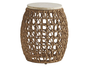 Lexington Tommy Bahama Outdoor 3930-954c Stylish Round Accent Table With Mactan Stone Top And Unique Woven Design For Outdoor Elegance Light Brown Wood 3930-954c