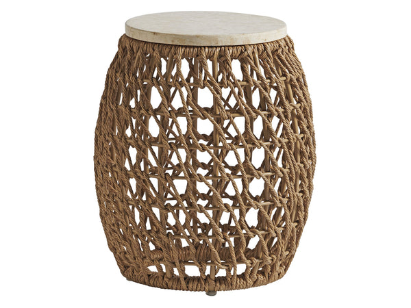 Lexington Tommy Bahama Outdoor 3930-954c Stylish Round Accent Table With Mactan Stone Top And Unique Woven Design For Outdoor Elegance Light Brown Wood 3930-954c