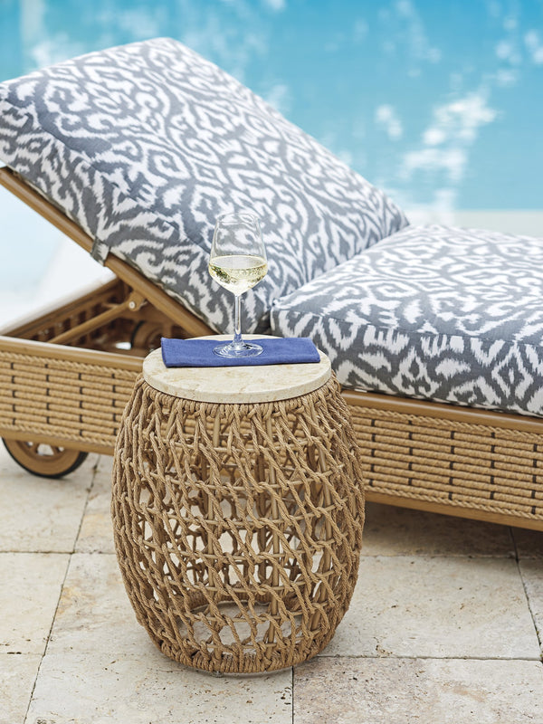 Lexington Tommy Bahama Outdoor 3930-954c Stylish Round Accent Table With Mactan Stone Top And Unique Woven Design For Outdoor Elegance Light Brown Wood 3930-954c