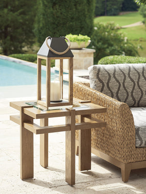 Lexington Tommy Bahama Outdoor 3930-957 Square End Table - Elegant Transitional Design With Beveled Glass Top & Textured Aluminum Finish Light Brown Wood 3930-957