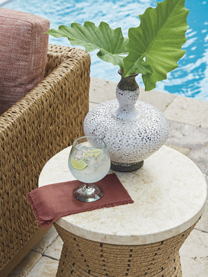 Lexington Tommy Bahama Outdoor 3930-950c Elegant Round Side Table With Natural Mactan Stone Top And All-weather Wicker Design Light Brown Wood 3930-950c