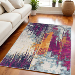 HomeRoots 20' Gray Ivory And Magenta Abstract Rug - Modern Design for Hallways, Kitchens, and High-Traffic Areas 5' X 7' Rectangle 393107