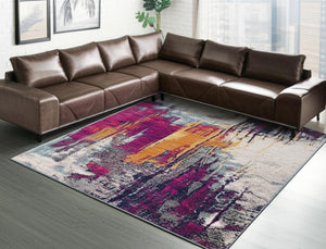 HomeRoots 20' Gray Ivory And Magenta Abstract Rug - Modern Design for Hallways, Kitchens, and High-Traffic Areas 8’ x 11’ 393109