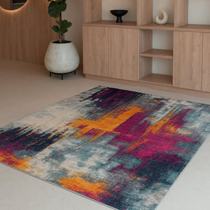 HomeRoots 20' Gray Ivory And Magenta Abstract Rug - Modern Design for Hallways, Kitchens, and High-Traffic Areas 8’ x 11’ 393109