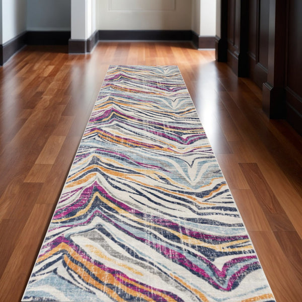 HomeRoots 20' Blue and Gold Abstract Runner Rug - Stylish, Durable, and Modern Design for Hallways and Entryways 2’ x 20’ 393133