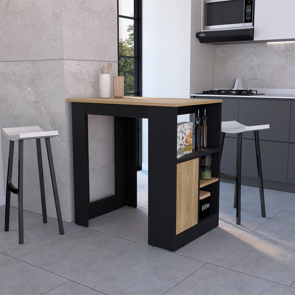 English Elm Kitchen Wynne Island Black/Natural Oak — Compact 36.2" Top, Push-to-Open Cabinet & Open Shelves for Smart Storage and Dining B092P243273