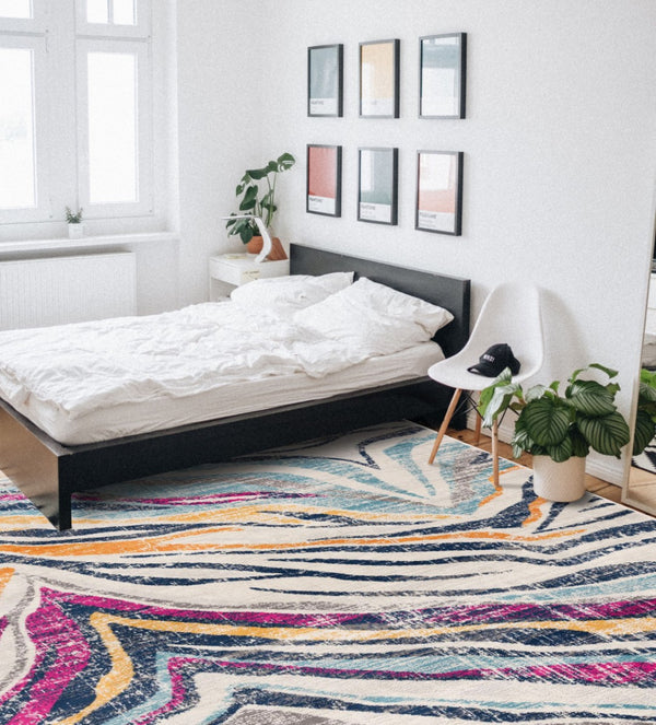 HomeRoots 20' Blue and Gold Abstract Runner Rug - Stylish, Durable, and Modern Design for Hallways and Entryways 7’ x 10’ 393142