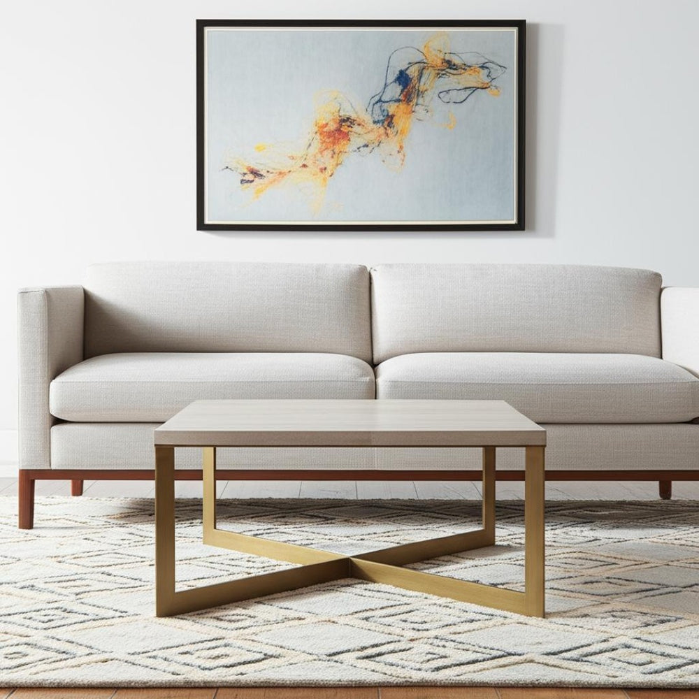 HomeRoots 34" Beige Wood and Metal Square Coffee Table – Chic Minimalist Design for Modern Living Spaces & Offices 393162
