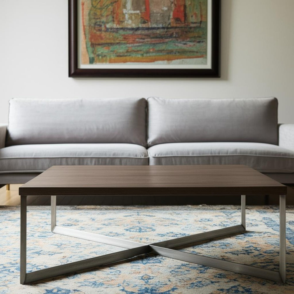 HomeRoots 34" Brown Solid Wood Coffee Table with Metal Accents – Modern Square Design for Any Space, Unique Style! 393163