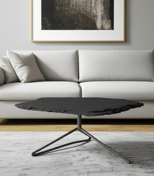 HomeRoots 33" Modern Round Black Wood and Metal Pedestal Coffee Table - Sleek Design for Any Space 393164