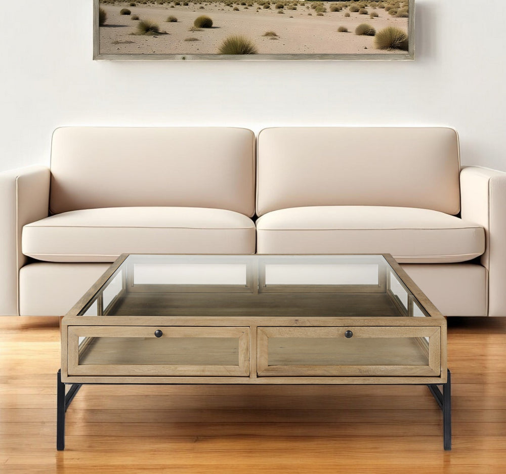 Homeroots 42" Clear And Black Glass And Metal Square Coffee Table With Shelf   393165