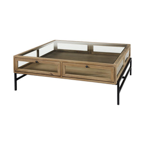 HomeRoots 42" Contemporary Clear and Black Glass Coffee Table with Metal Frame, Storage Drawers & Shelf 393165