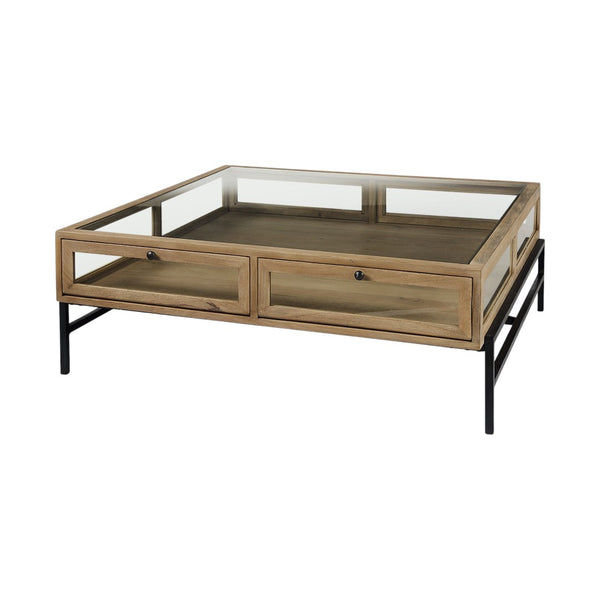 HomeRoots 42" Contemporary Clear and Black Glass Coffee Table with Metal Frame, Storage Drawers & Shelf 393165
