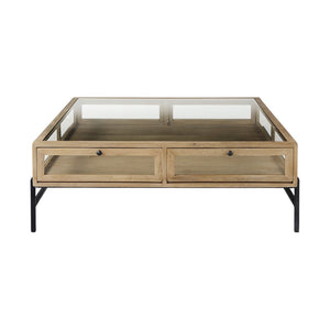 HomeRoots 42" Contemporary Clear and Black Glass Coffee Table with Metal Frame, Storage Drawers & Shelf 393165