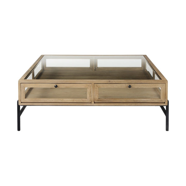 HomeRoots 42" Contemporary Clear and Black Glass Coffee Table with Metal Frame, Storage Drawers & Shelf 393165