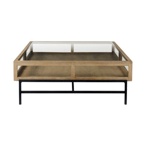 HomeRoots 42" Contemporary Clear and Black Glass Coffee Table with Metal Frame, Storage Drawers & Shelf 393165