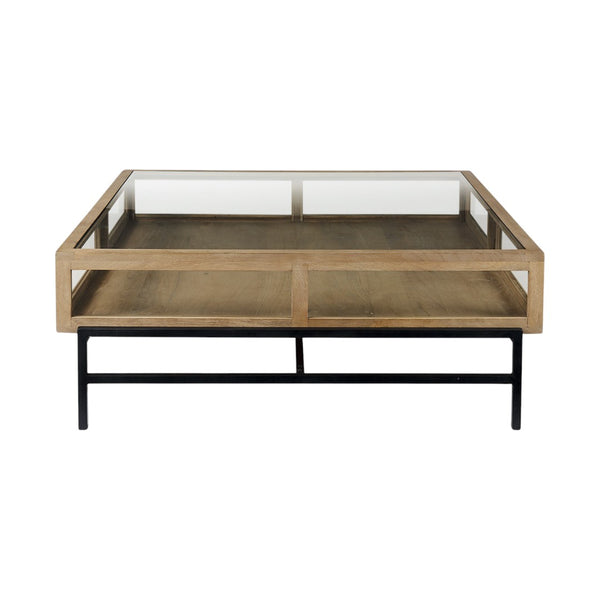 HomeRoots 42" Contemporary Clear and Black Glass Coffee Table with Metal Frame, Storage Drawers & Shelf 393165