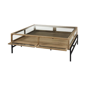 HomeRoots 42" Contemporary Clear and Black Glass Coffee Table with Metal Frame, Storage Drawers & Shelf 393165