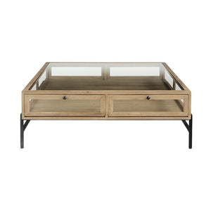 HomeRoots 42" Contemporary Clear and Black Glass Coffee Table with Metal Frame, Storage Drawers & Shelf 393165