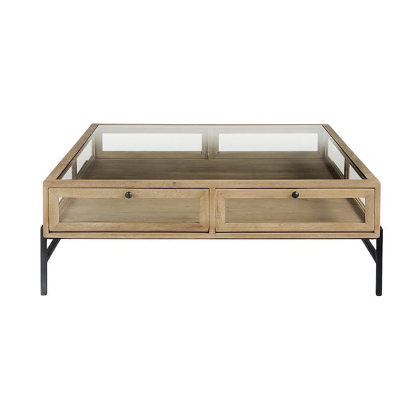 HomeRoots 42" Contemporary Clear and Black Glass Coffee Table with Metal Frame, Storage Drawers & Shelf 393165