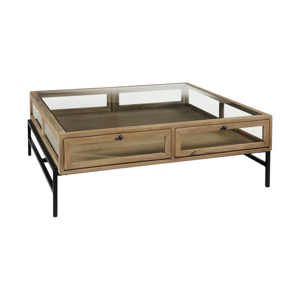 HomeRoots 42" Contemporary Clear and Black Glass Coffee Table with Metal Frame, Storage Drawers & Shelf 393165